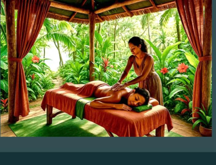 Inside the jungle cabana — massage table and tropical greenery