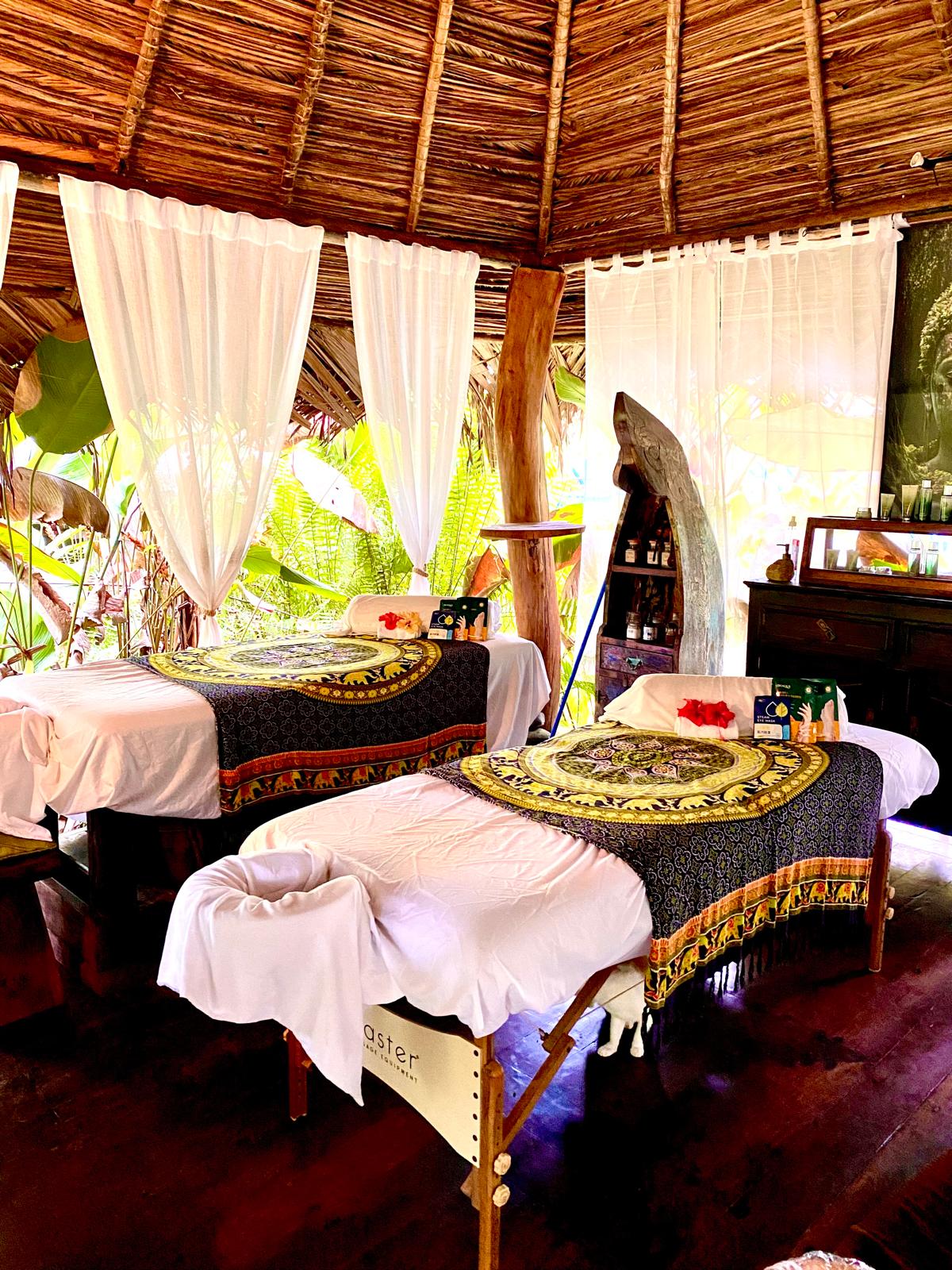 Jungle cabana interior with bamboo accents and natural light