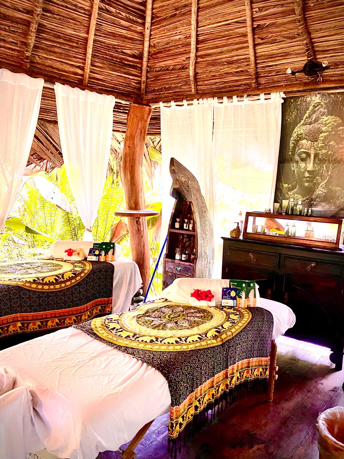Detail of the thatched-roof jungle hut at Bluff Beach Jungle Spa
