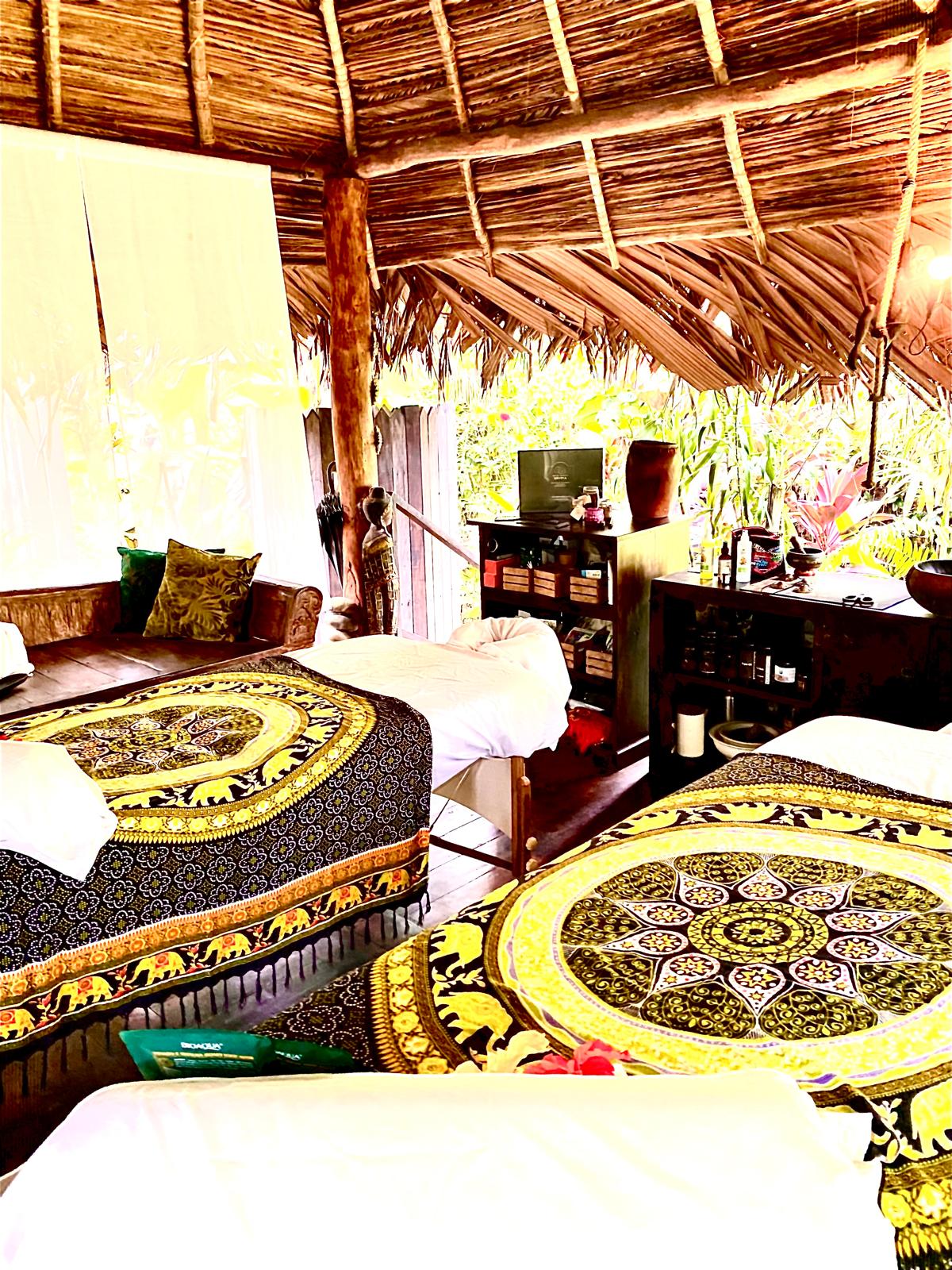 Welcome details inside the rainforest spa cabana