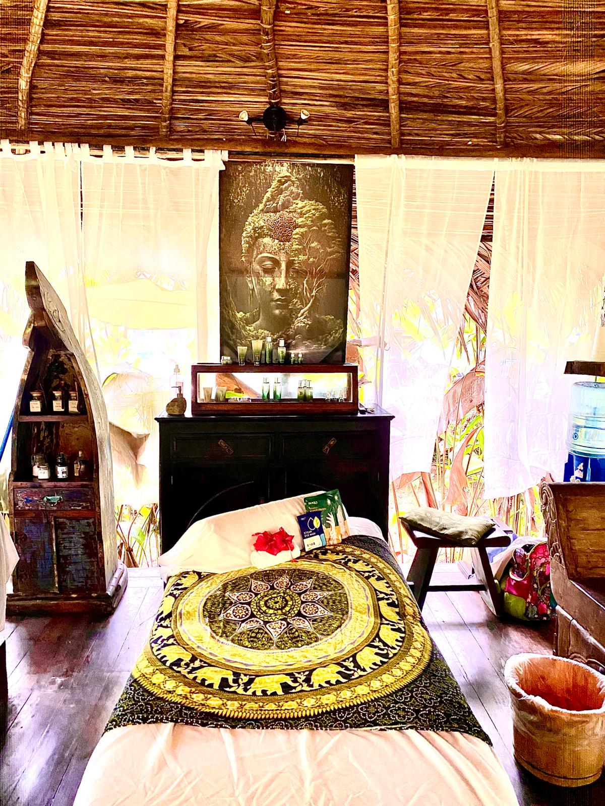 Bluff Beach Jungle Spa open-air cabana at golden hour
